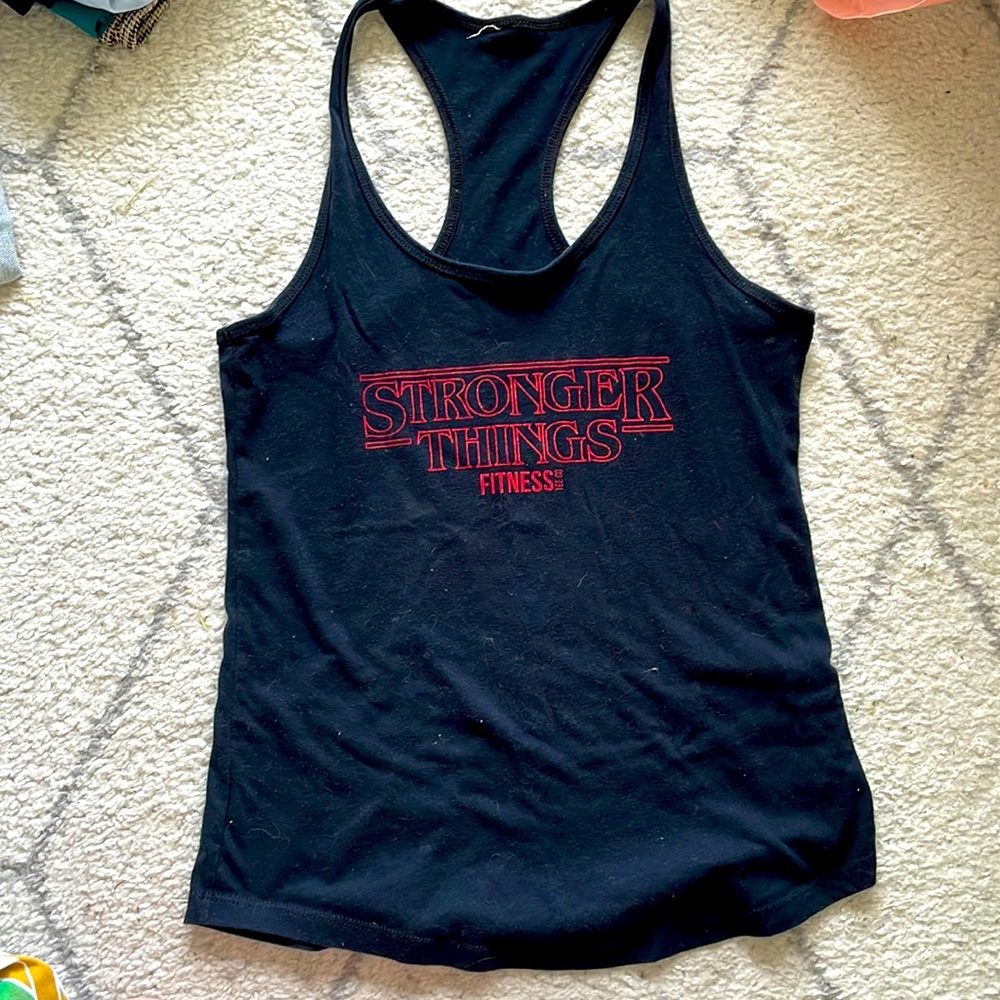 “Stronger Things” graphic racer back tank top